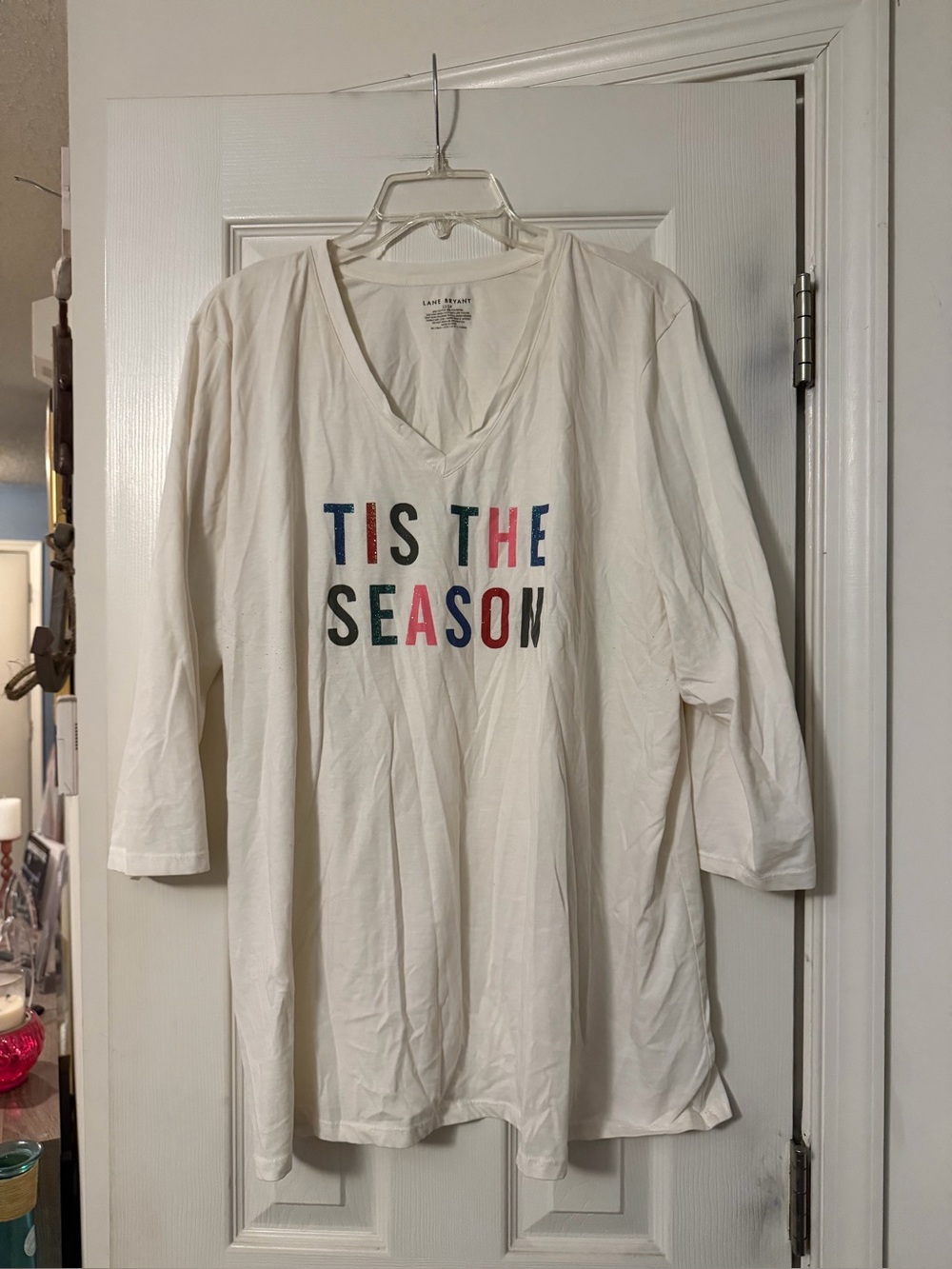Lane Bryant Cream V-Neck Tunic with Colorful Holiday Text